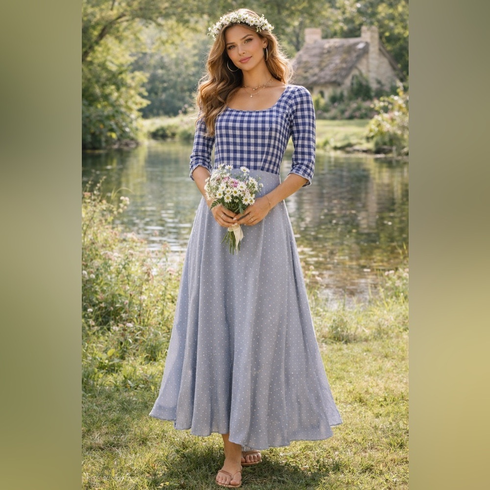 Blue Gingham and Swiss Polka Dot maxi Dress keyhole back 3/4 sleeve xxs 0 2